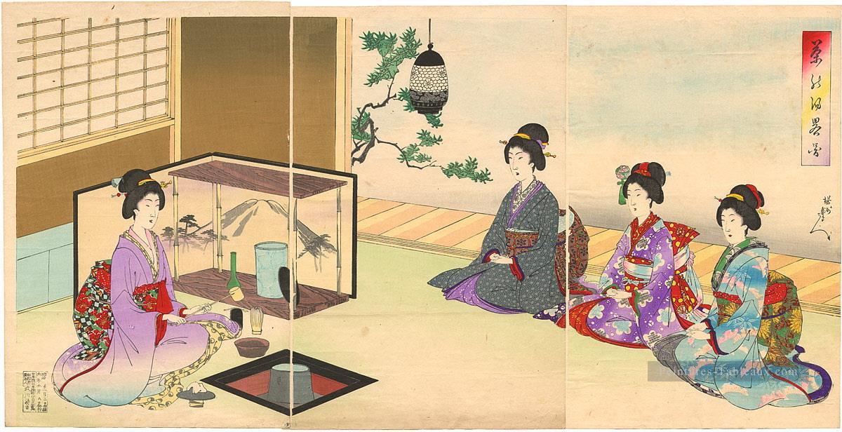 La cérémonie du thé de belles femmes Toyohara Chikanobu japonais Peintures à l'huile